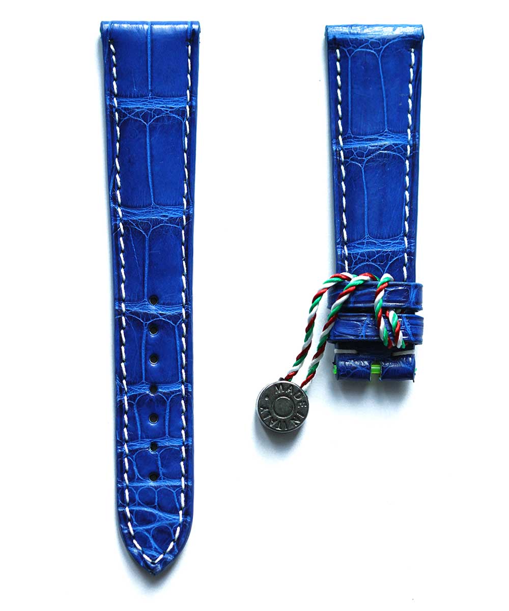 Electric Blue Alligator leather watch strap 20mm / White stitching