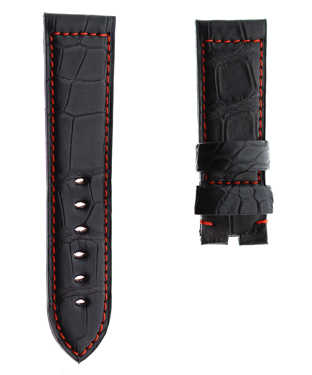 Black Alligator leather strap PANERAI style. Red Stitching