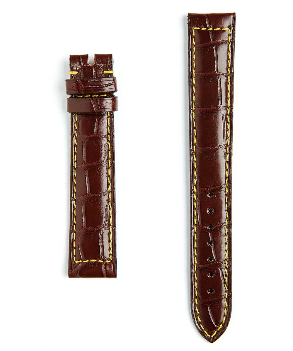 General style strap in Matte Chocolate Brown Alligator with Yellow stitching