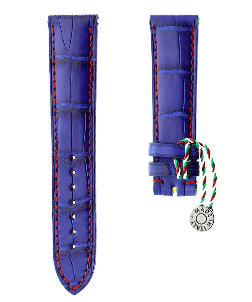 Electric Blue Matte Alligator leather strap  / Red Stitching