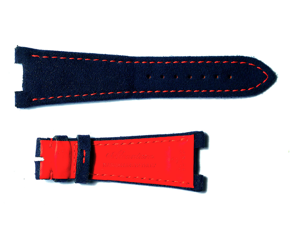 Navy Blue Alcantara Patek Philippe Nautilus style watch strap 25mm. Red stitching