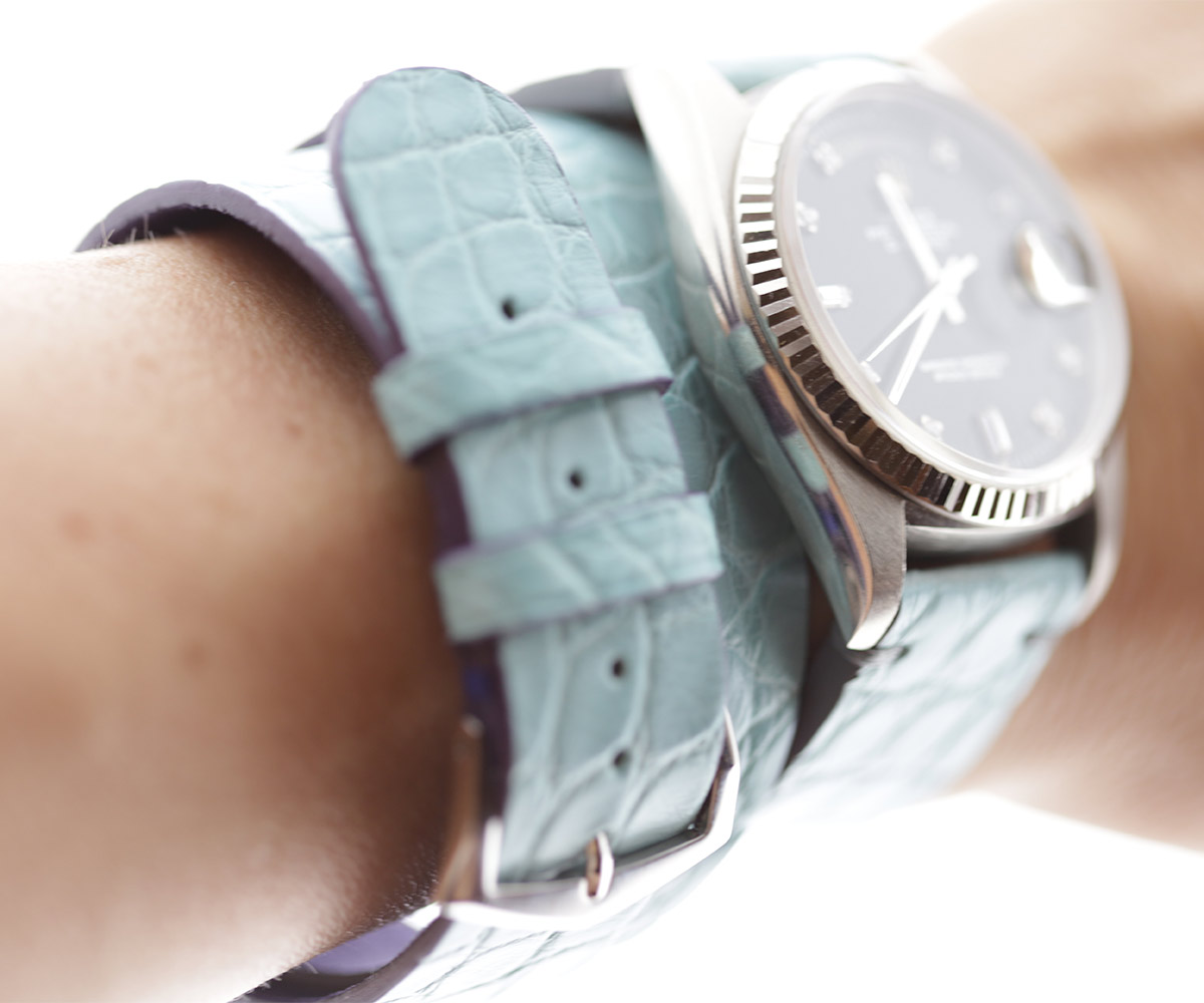 Blue Alligator Set for Lady Rolex Daydate Dayjust: Strap 20mm and Matching Double Turn Bracelet