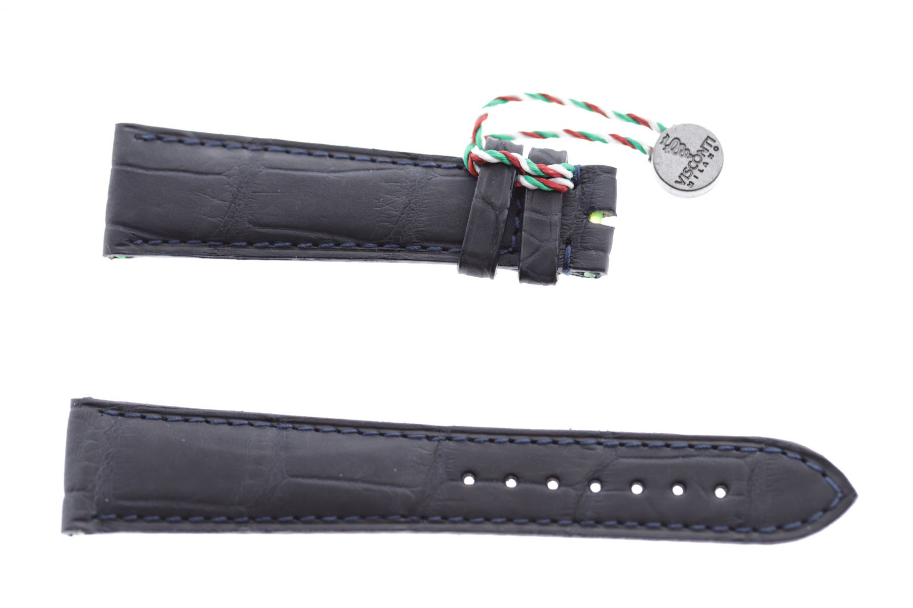 Dark Blue rubberized alligator leather watch strap 20mm / Blue stitching