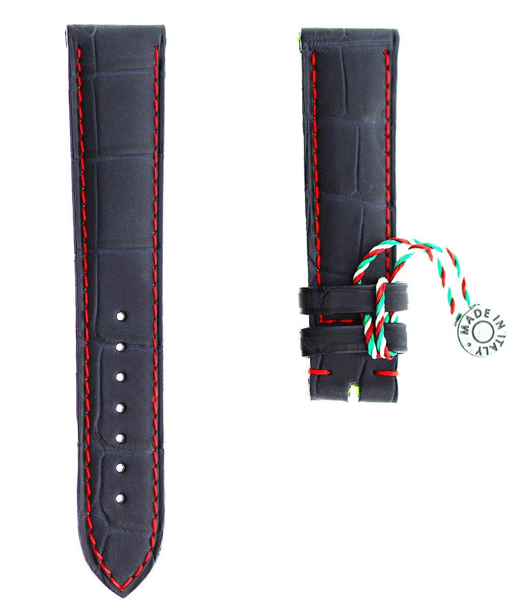 Blue rubberized alligator leather watch strap 20mm, 18mm / Red stitching