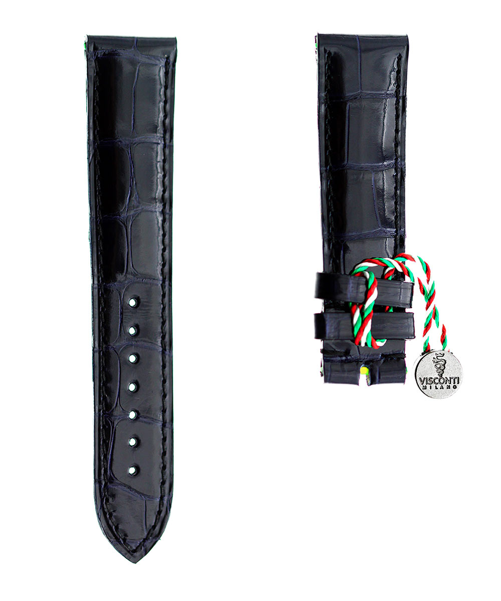 Blue Petrol Shiny Alligator leather strap 20mm / Black Stitching