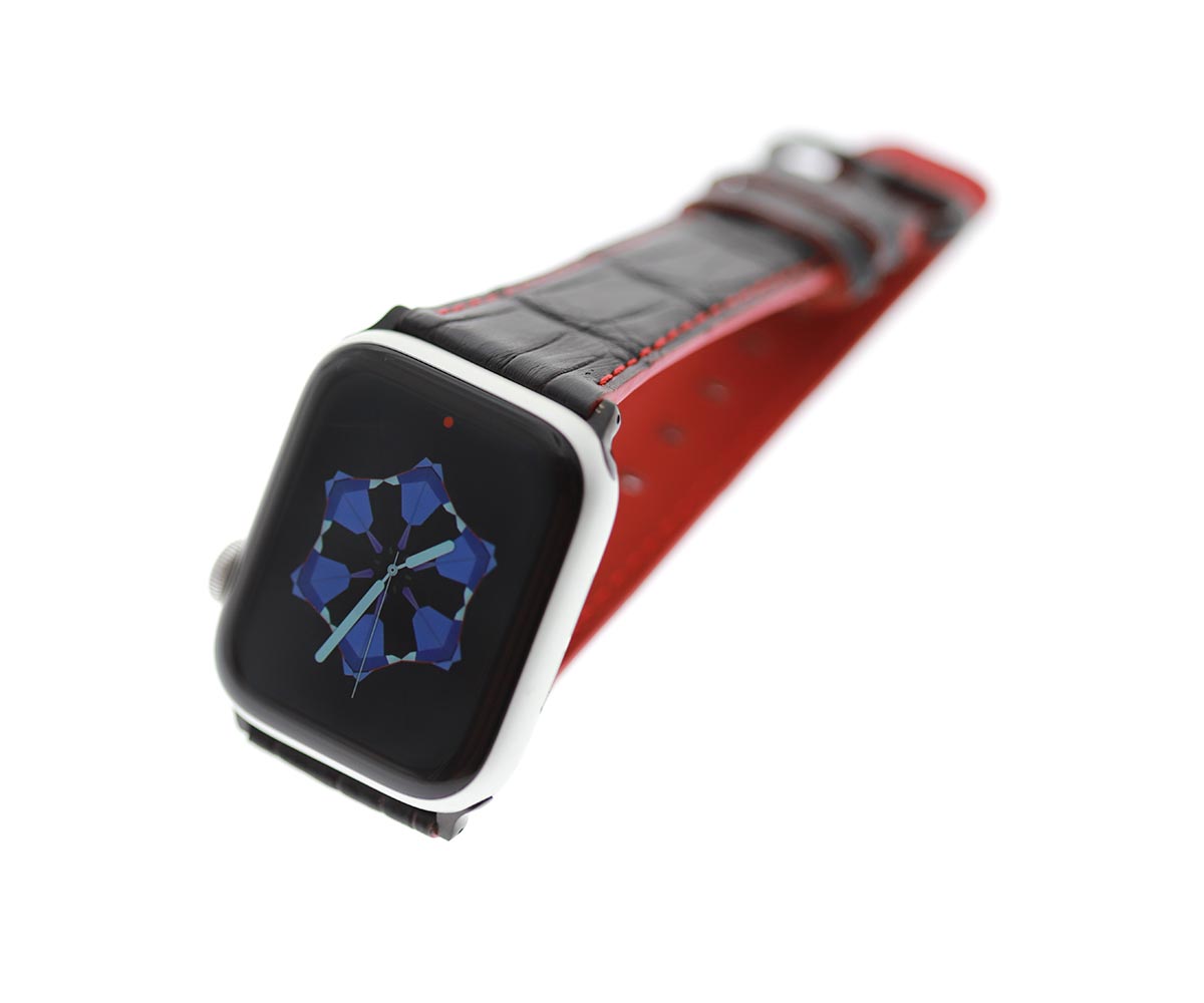Black Alligator Leather strap (Apple Watch All Series) / Red Stitching
