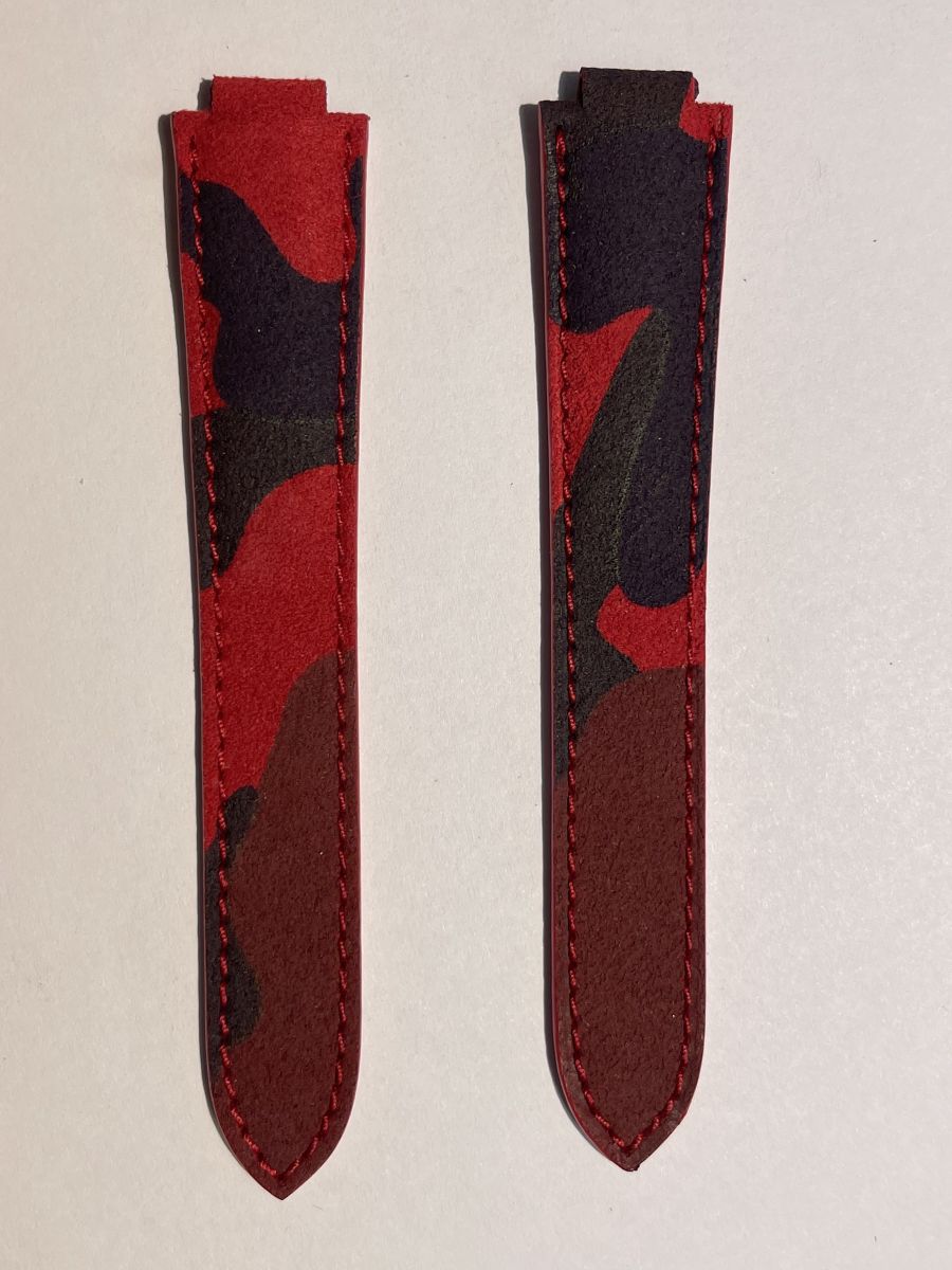 Custom strap 18mm for Ballon Bleu by Cartier (36mm)in Acapulco Red Camouflage Alcantara