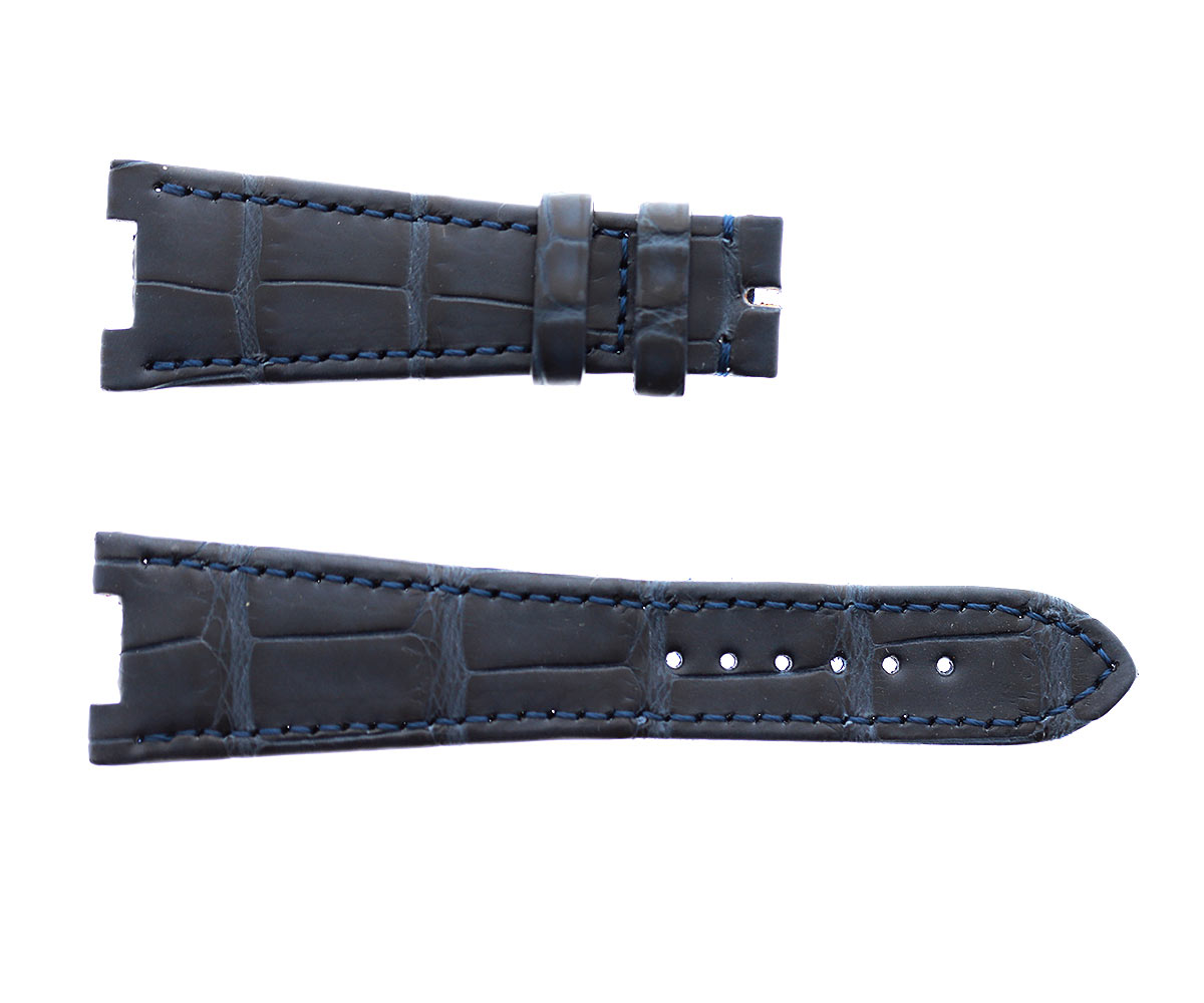 Patek Philippe Nautilus style watch strap 25mm in Dark Blue matte Alligator leather. Alcantara lining