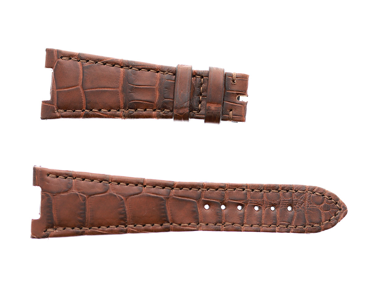 Patek Philippe Nautilus style watch strap 25mm in Cognac Brown Matte Alligator leather. Black Rubberized lining