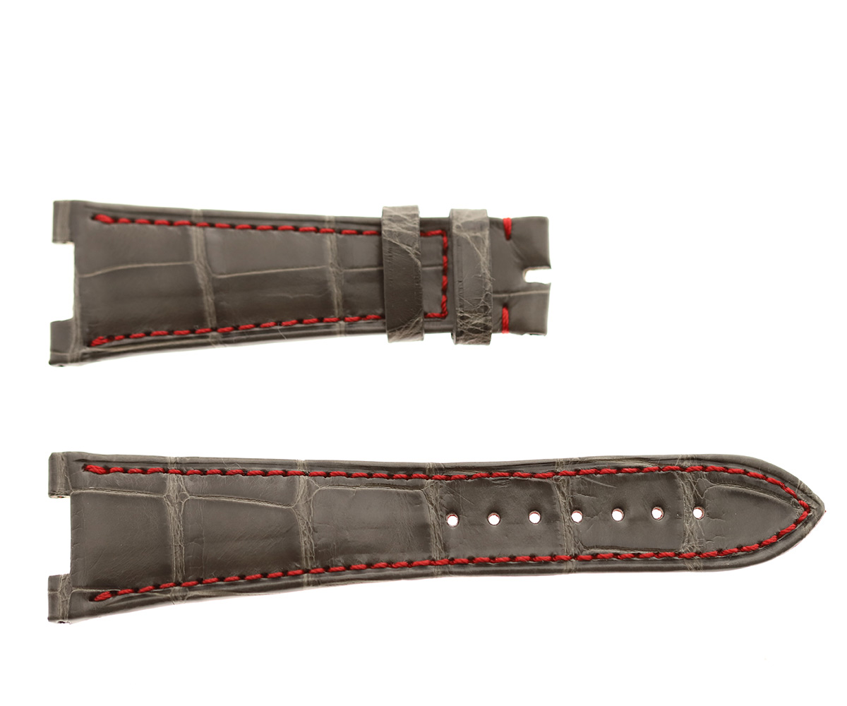 Light Grey with Red stitching Patek Philippe Nautilus style watch strap 25mm in Alligator leather