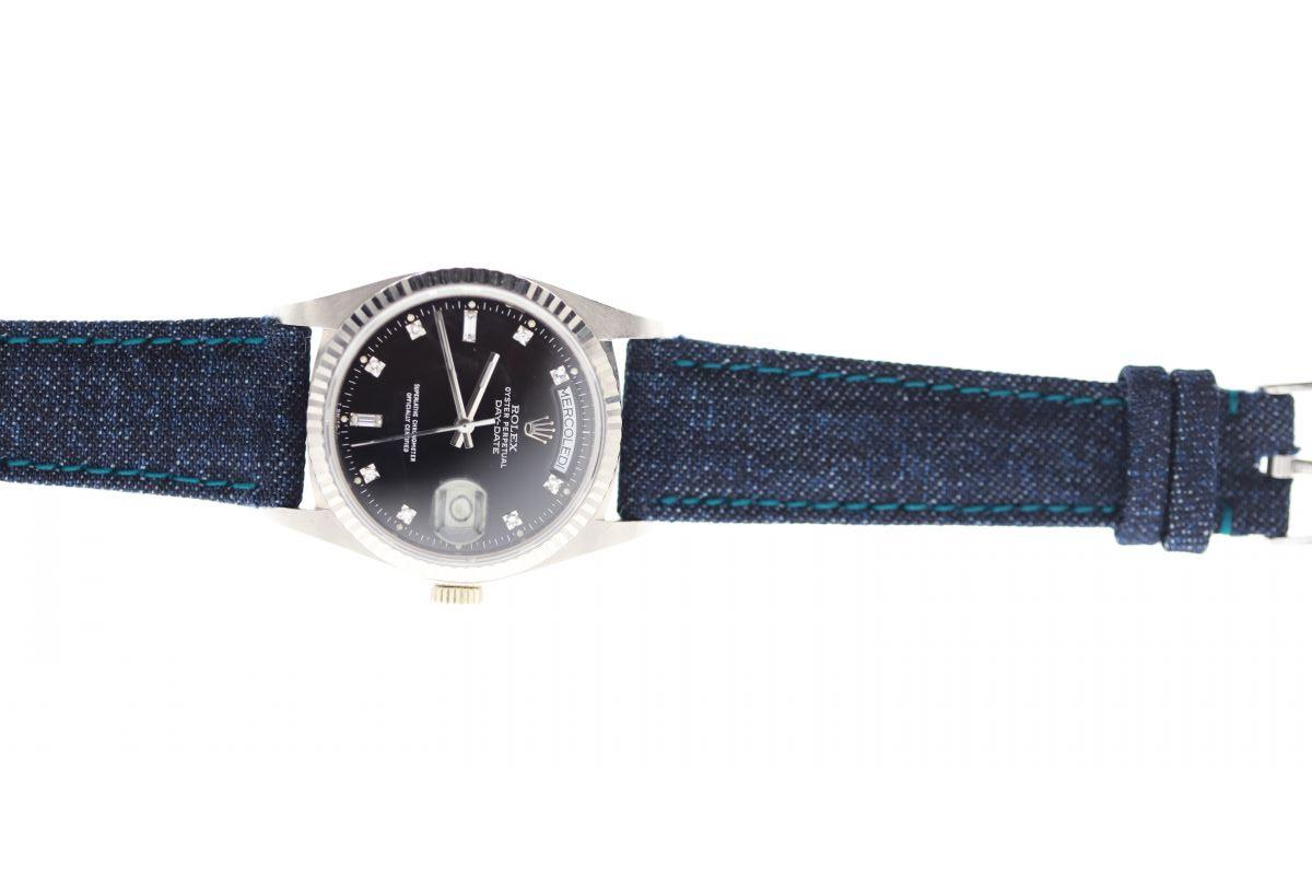 Dark Blue Japanese Denim strap 20mm Rolex Oyster style. Indigo stitching