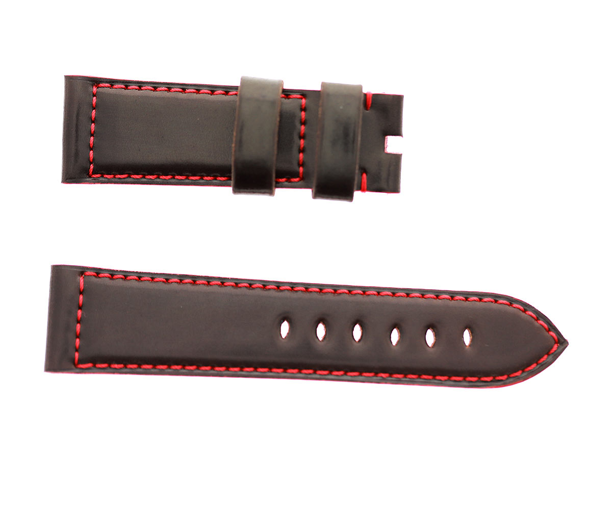 Chocolate Brown Horween Shell Cordovan Panerai style watch strap. Red stitching