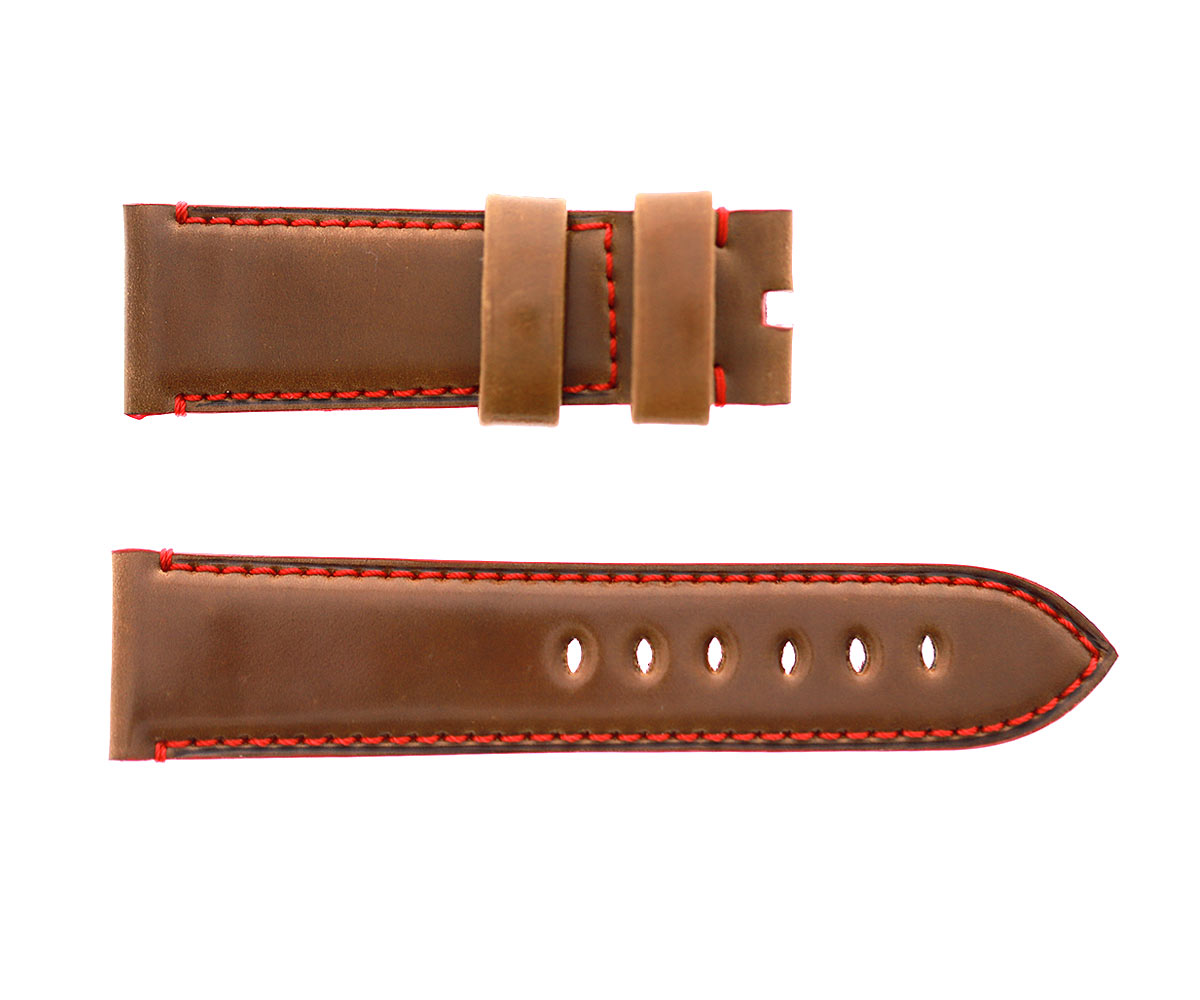 Cognac Brown Horween Shell Cordovan Panerai style watch strap. Red stitching