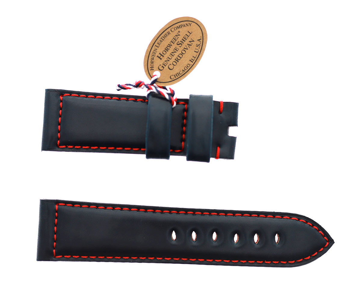 Navy Blue Horween Shell Cordovan Panerai style watch strap. Red Stitching