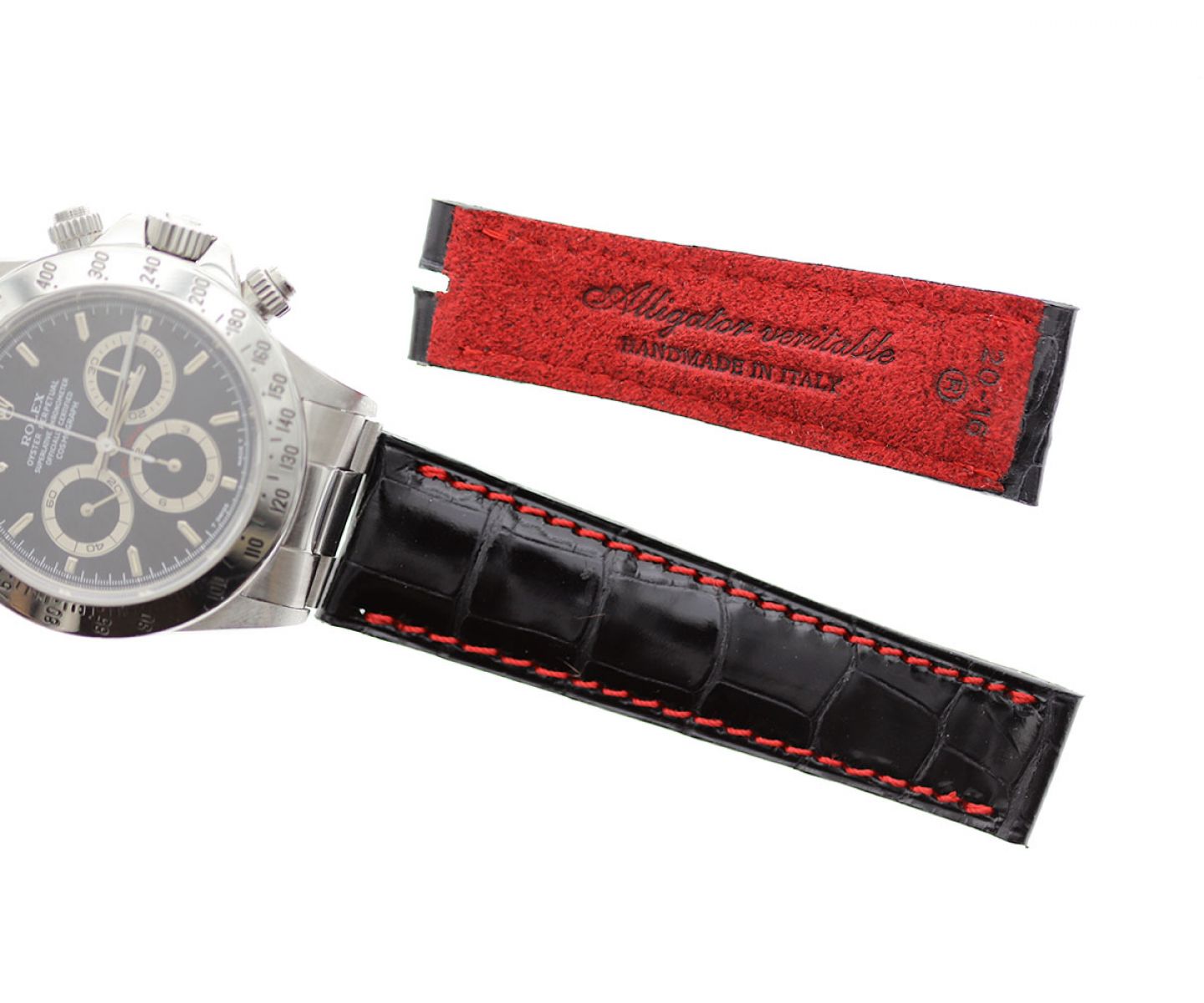 Black Alligator Big Scales Leather strap 20mm Rolex Daytona style. Red stitching