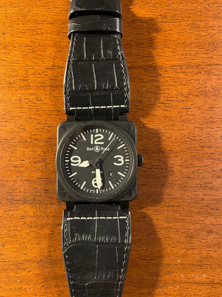 Bell & Ross BR01-BR03 style Black Alligator strap 35mm. White stitching