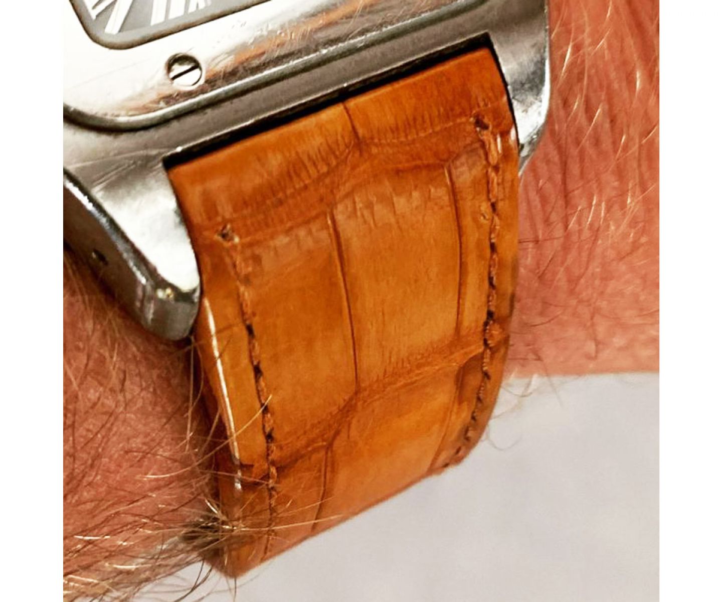 Cartier Santos 100 XL style strap in Amber Brown Alligator leather. Integrated