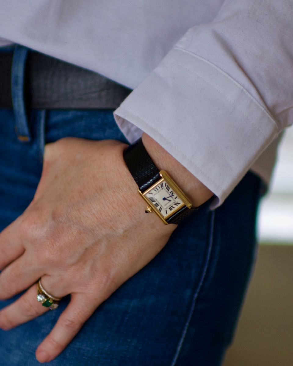 Cartier Tank Anglaise style watch strap in Black Lizard leather