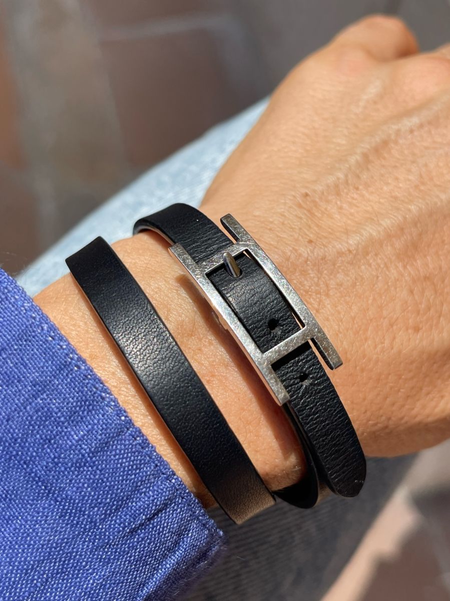 Exclusive Double Tour wrist bracelet in Black Barenia / Luxury Hermes French calf leather