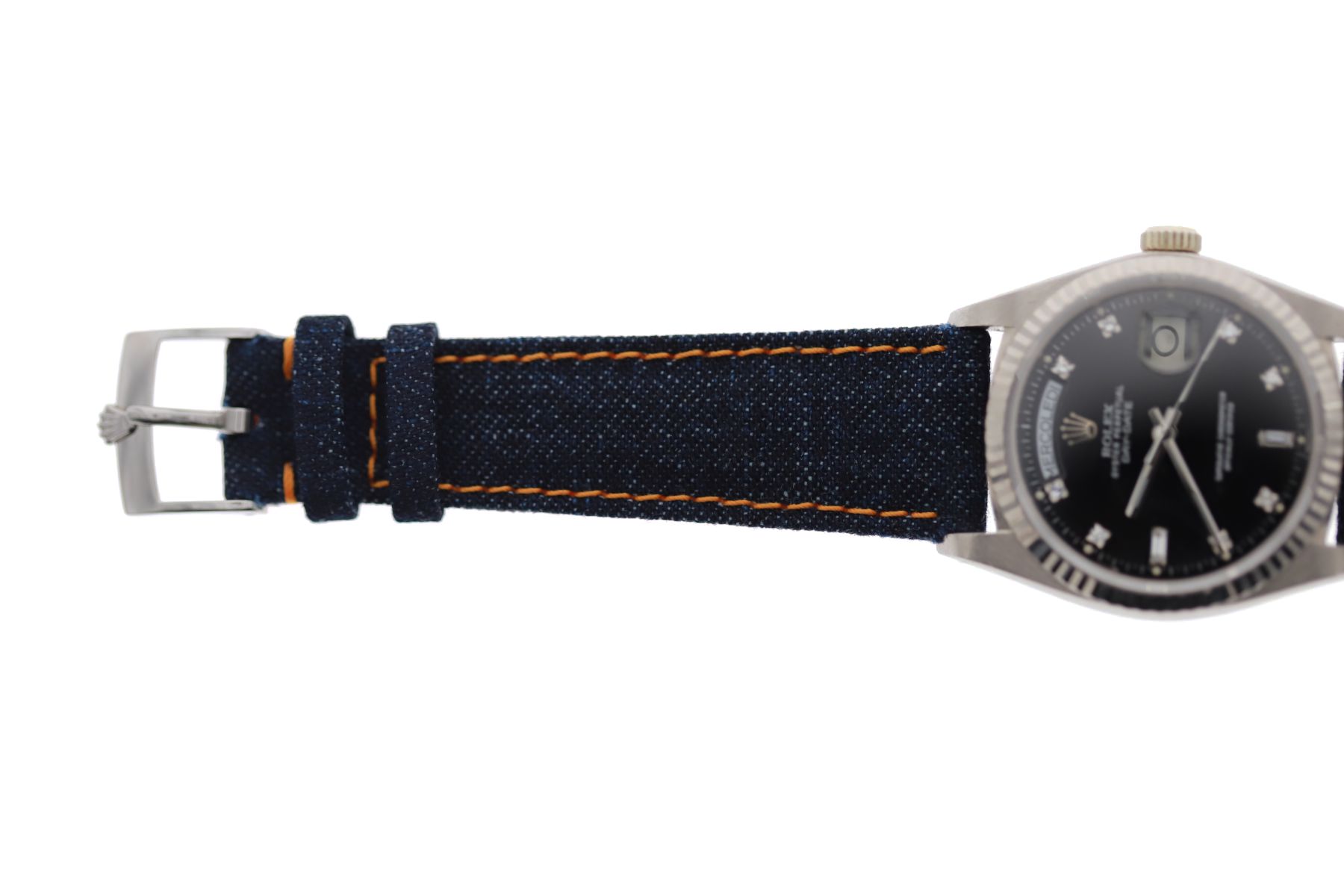 Dark Blue Japanese Denim strap 20mm Rolex Oyster style. Orange stitching