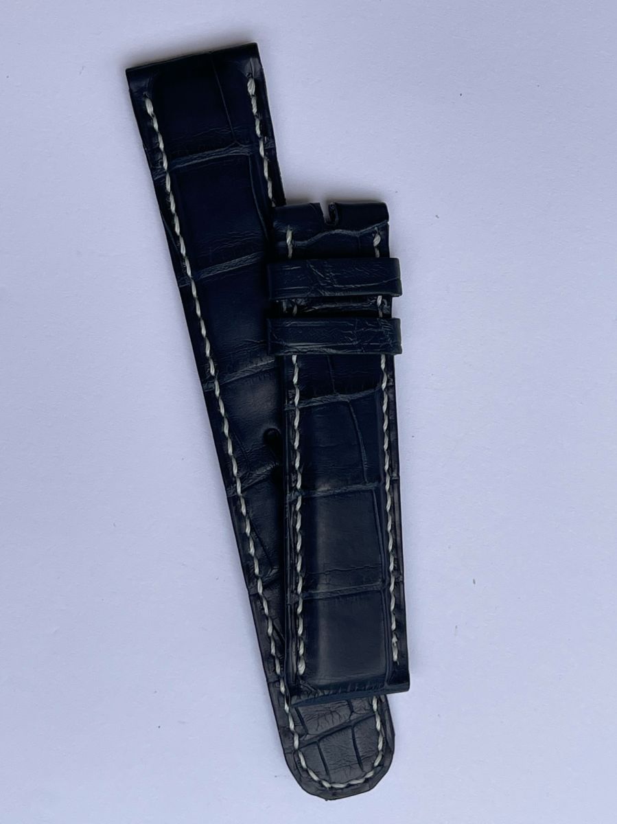 NJ AO11 Navy Blue Matte Alligator leather Classic strap with White stitching