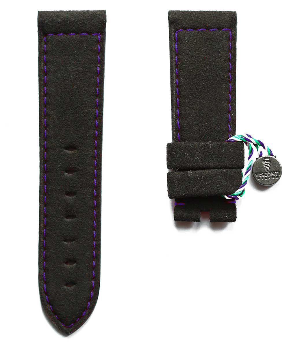Black Alcantara strap. Blue stitching. Panerai Flyback Luminor Ceramica style