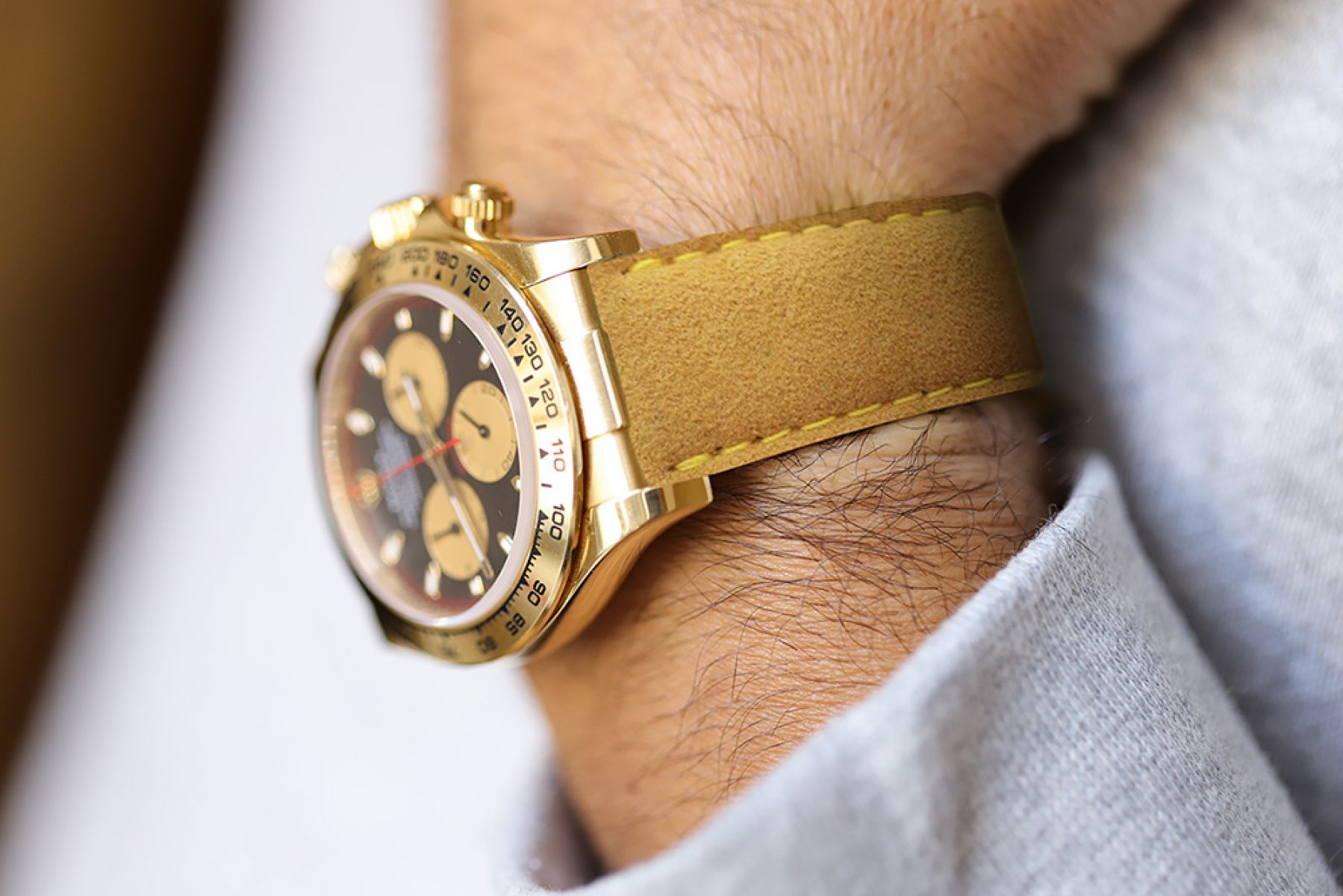 N2 Yellow Gold Alcantara strap 20mm Rolex Daytona style. Yellow stitching