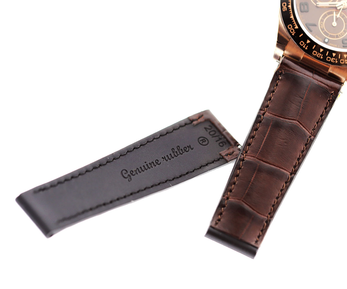 Combination: Brown Alligator leather top on a natural Rubber base strap 20mm for Rolex Daytona style timepieces